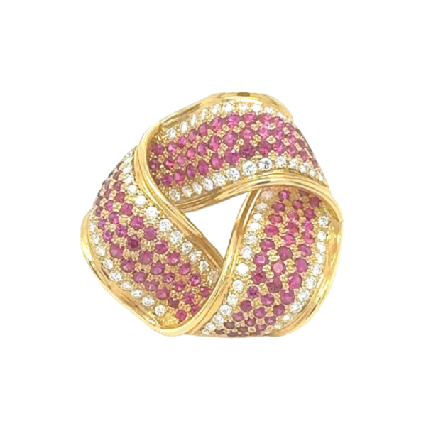 Geelgouden broches bezet met robijnen & diamanten