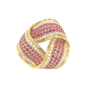 Geelgouden broches bezet met robijnen & diamanten