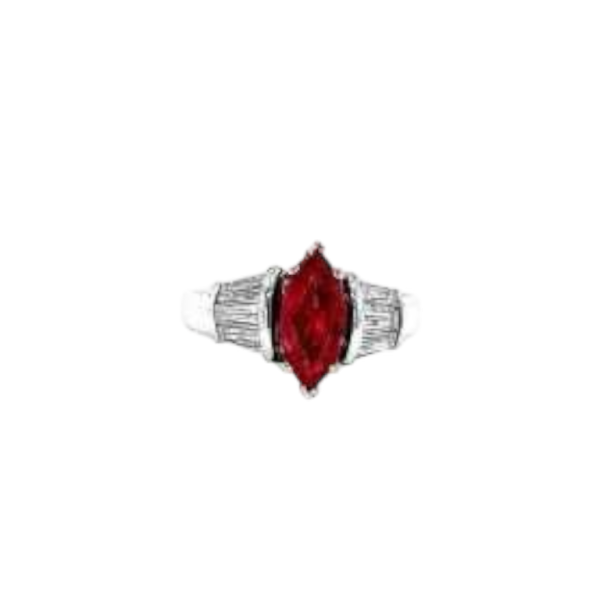 Art Deco precious white gold ring with marquise ruby and baguette diamonds