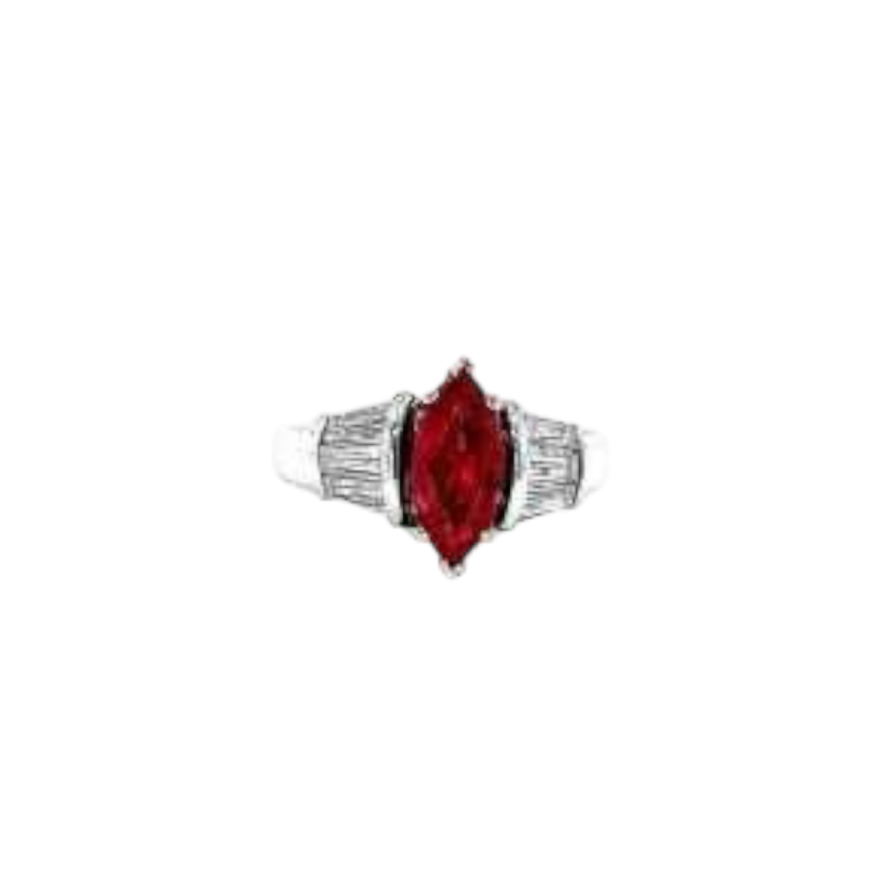 Bague précieuse Art Déco en or blanc avec rubis marquise et diamants baguette