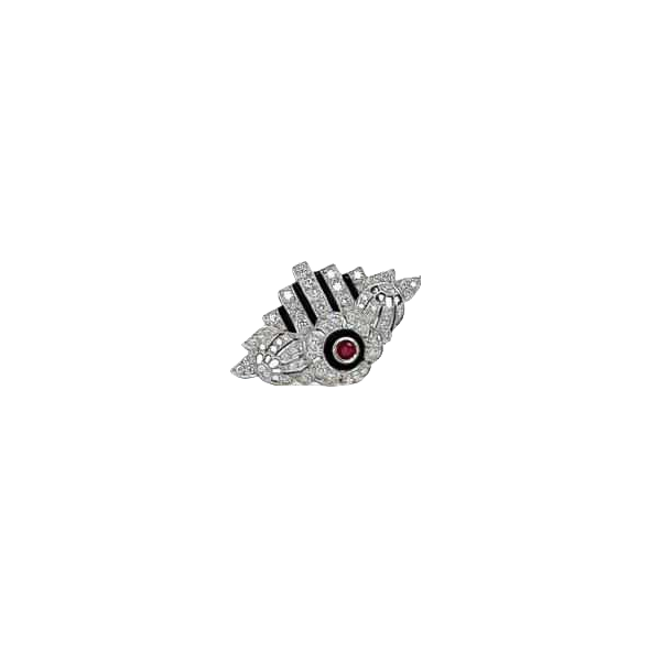 Broche Art Déco en or blanc avec diamants, rubis ronds et onyx, ca 1930
