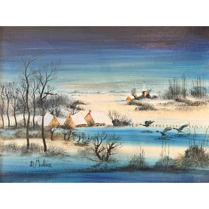 Danielle MOLINA « Paysage hivernal aux canards » peinture huile sur toile