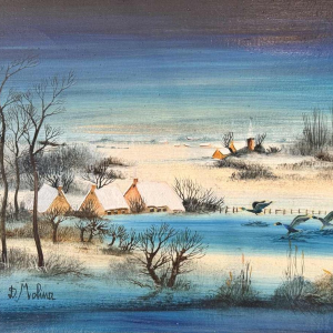 Danielle MOLINA « Paysage hivernal aux canards » peinture huile sur toile