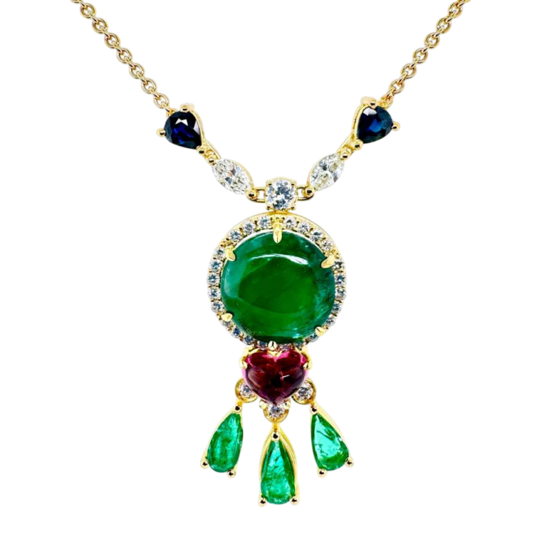 Pendentif or jaune 18 carats, diamants, émeraude cabochon & pierres précieuses