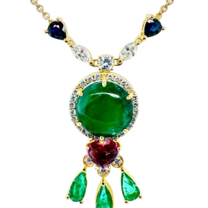 18 karaat geelgoud, diamanten, cabochon smaragd & edelstenen hanger