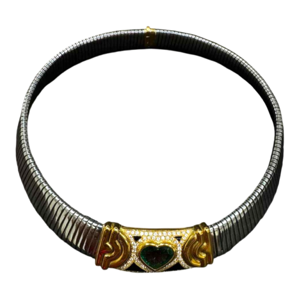 Turbo Gaz' gold necklace & black steel, emerald heart & diamonds