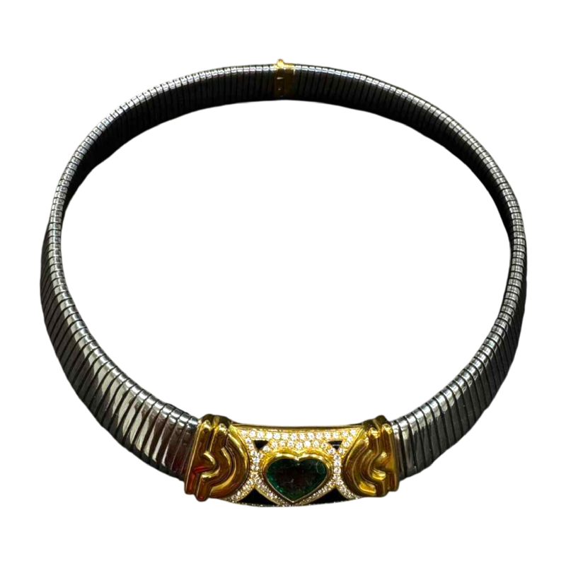 Goud 'Turbo Gaz' ketting & zwart staal, smaragden hart & diamanten