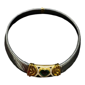 Collier 'Turbo Gaz' en or & acier noir, cur émeraude & diamants