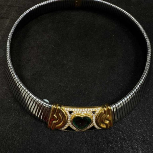 Turbo Gaz' gold necklace & black steel, emerald heart & diamonds