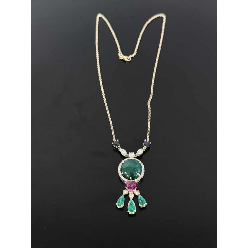 Pendentif or jaune 18 carats, diamants, émeraude cabochon & pierres précieuses