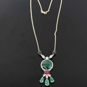 18 karaat geelgoud, diamanten, cabochon smaragd & edelstenen hanger