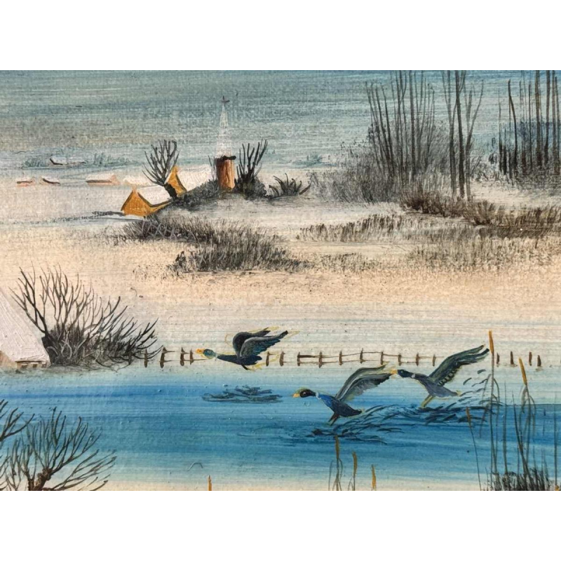 Danielle MOLINA « Paysage hivernal aux canards » peinture huile sur toile