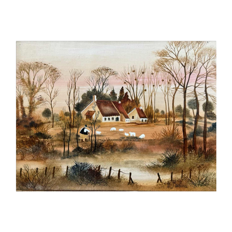 Danielle MOLINA « Paysage automnal avec moutons» peinture huile sur toile