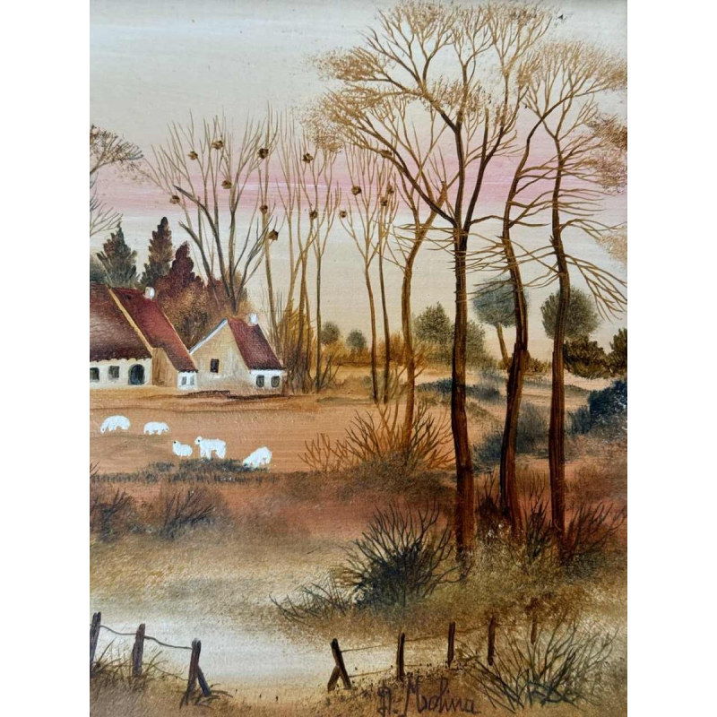Danielle MOLINA « Paysage automnal avec moutons» peinture huile sur toile
