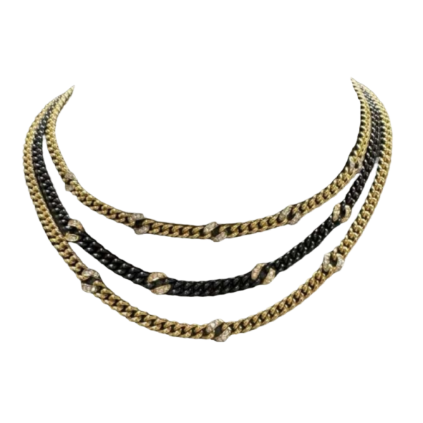 Geelgouden en zwart stalen collier met diamanten, 1983