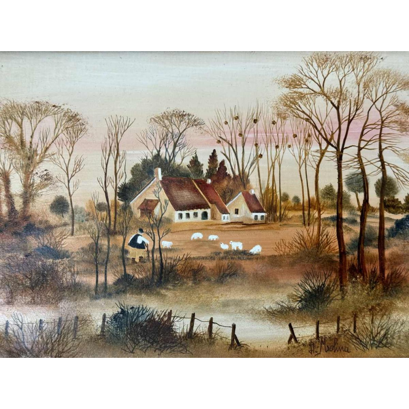 Danielle MOLINA « Paysage automnal avec moutons» peinture huile sur toile