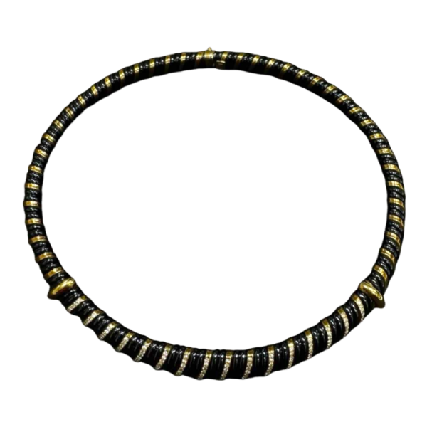 Geelgoud ketting, zwart staal en diamanten