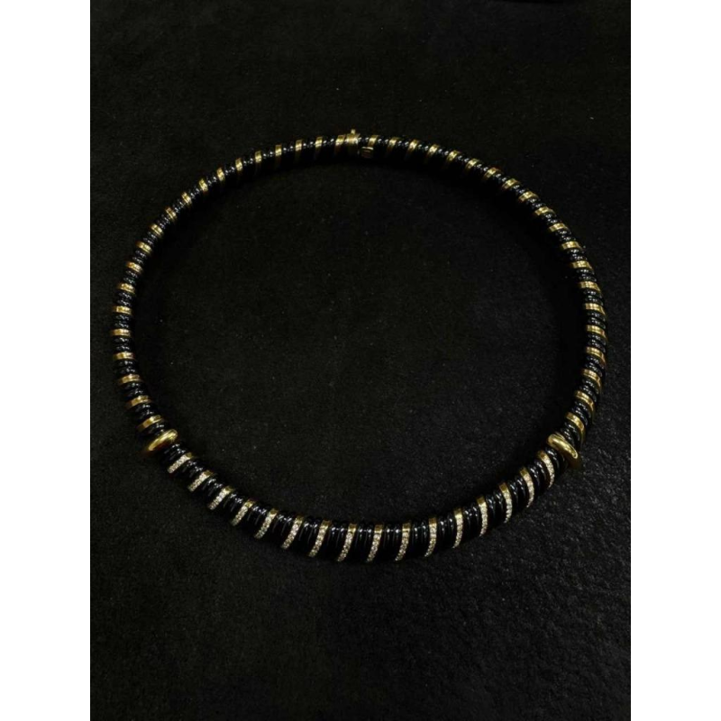 Yellow gold, black steel and diamond necklace