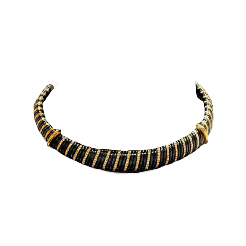 Necklace in yellow gold, black steel & diamonds