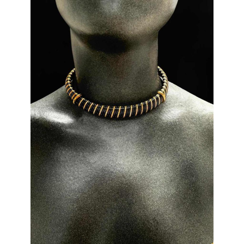 Ketting in geelgoud, zwart staal & diamanten