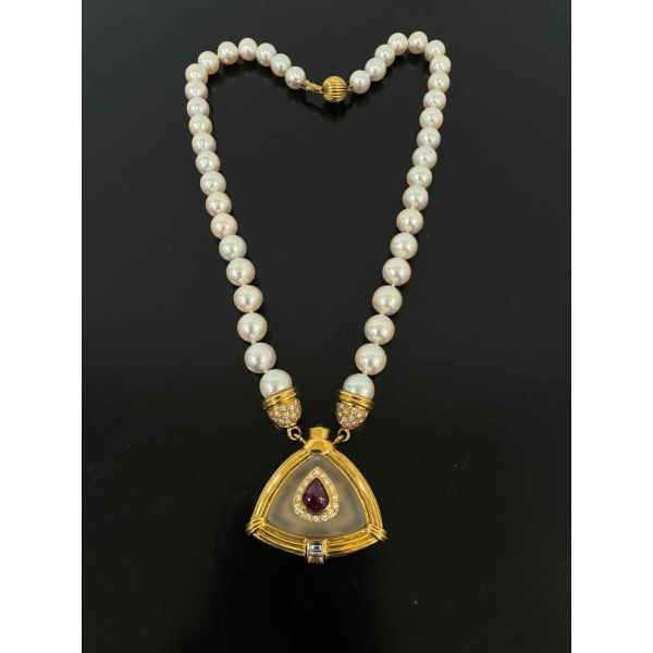 Pearl, gold, ruby & rock crystal necklace
