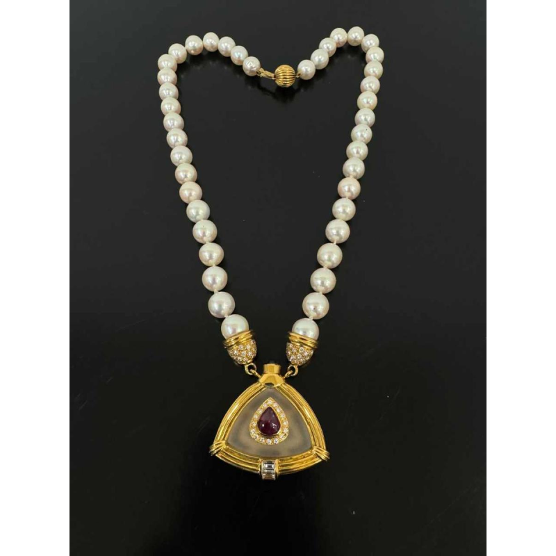 Collier de perles, or, rubis & cristal de roche