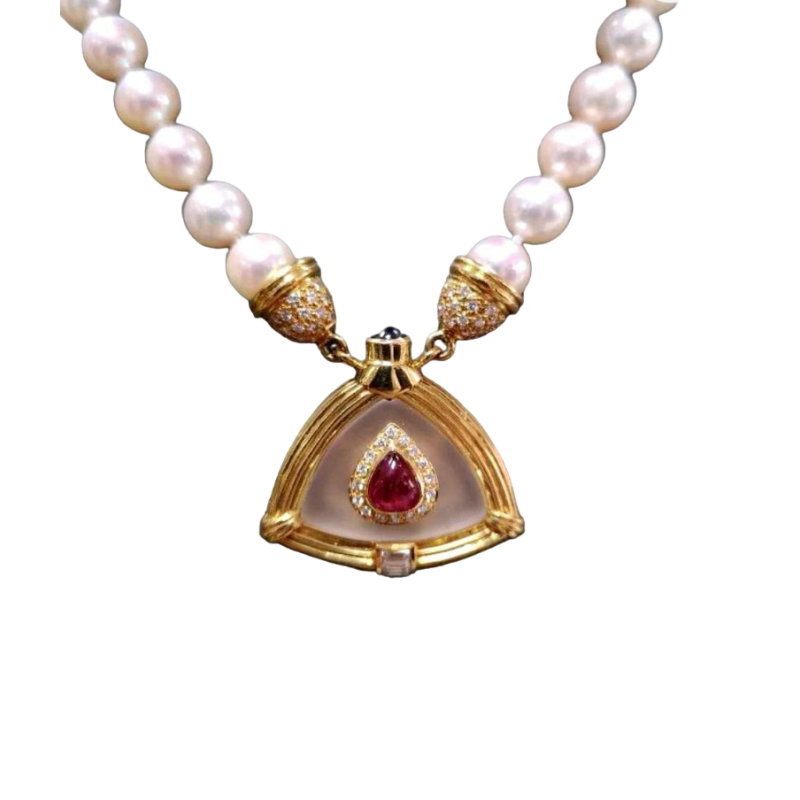 Pearl, gold, ruby & rock crystal necklace