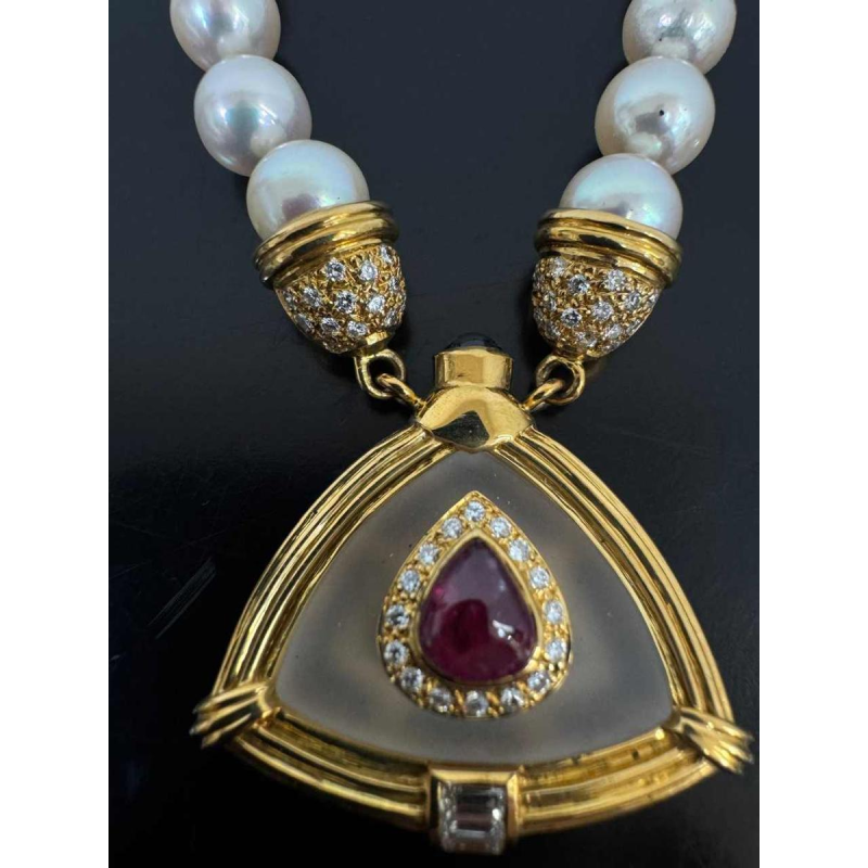 Collier de perles, or, rubis & cristal de roche