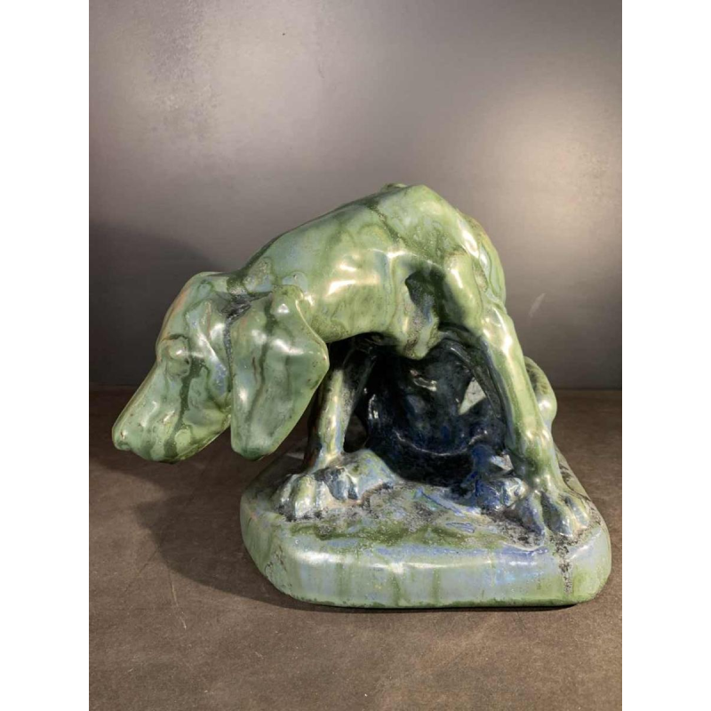 DOMIEN INGELS & ROGER GUERIN, Sculpture Hunting Dog Braque, Stoneware Bouffioulx 1920s
