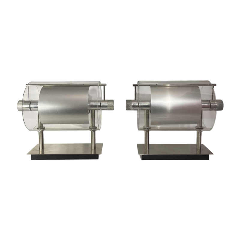 Pierre Lallemand / Moonlight “Cyclops' pair of modernist wall lights, stainless steel glass tube, 1992