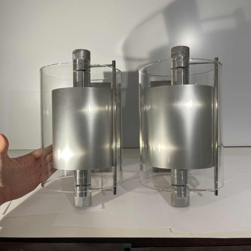 Pierre Lallemand / Moonlight “Cyclops' pair of modernist wall lights, stainless steel glass tube, 1992