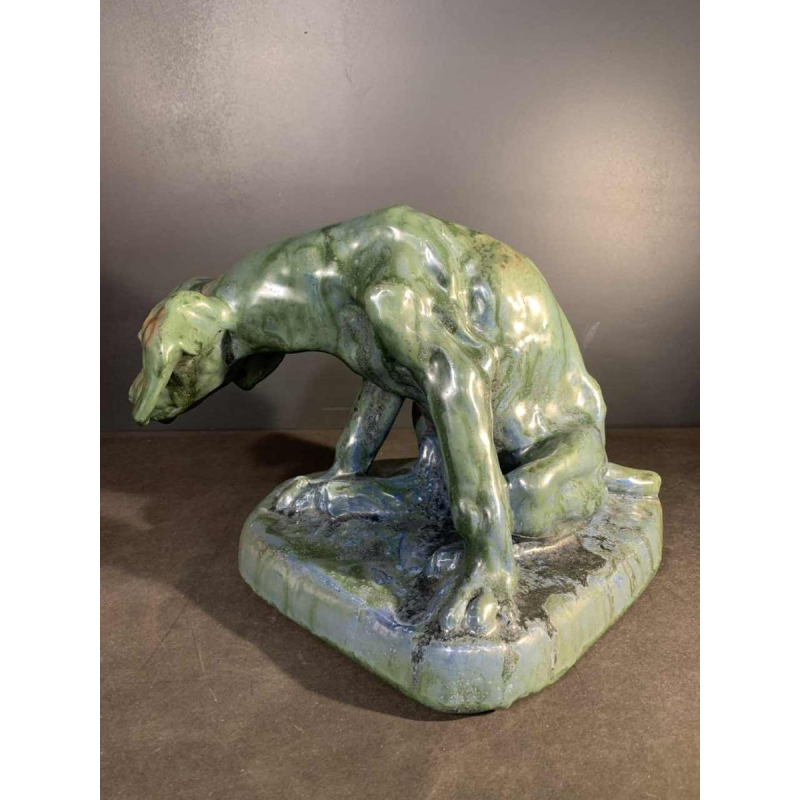 DOMIEN INGELS & ROGER GUERIN, Sculpture Chien Chasse Braque Grès Bouffioulx 1920s
