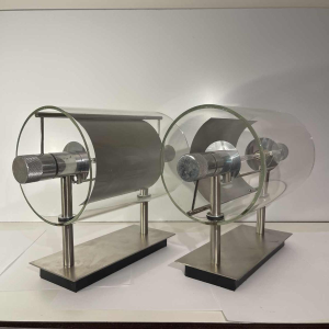 Pierre Lallemand / Moonlight “Cyclops' pair of modernist wall lights, stainless steel glass tube, 1992