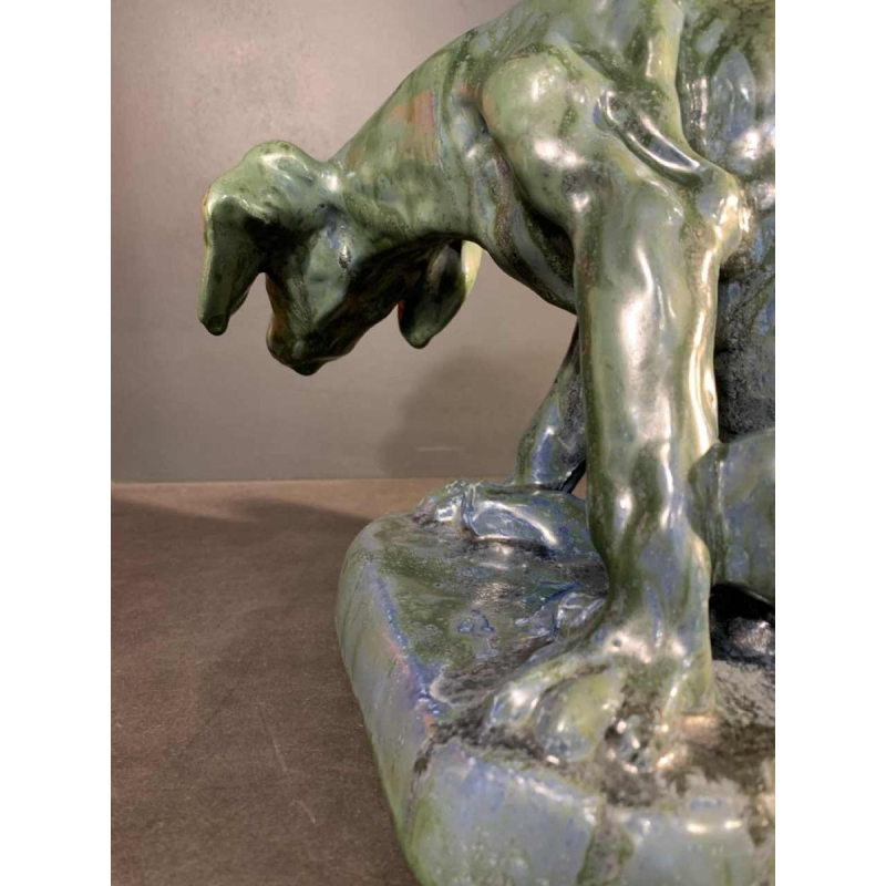 DOMIEN INGELS & ROGER GUERIN, Sculpture Chien Chasse Braque Grès Bouffioulx 1920s