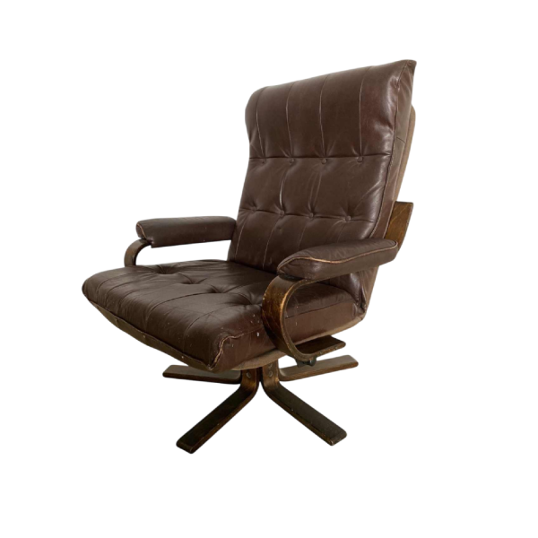 Swivel armchair, bentwood frame, brown leather seat, Scandinavian design ca 1970