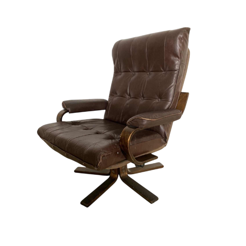 Fauteuil basculant tournant, structure bois courbé, assise cuir marron, Design scandinave ca 1970