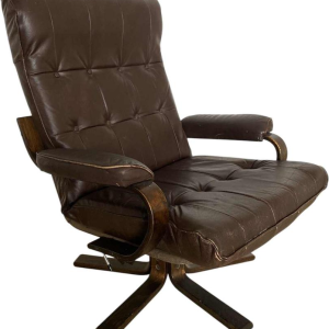 Swivel armchair, bentwood frame, brown leather seat, Scandinavian design ca 1970