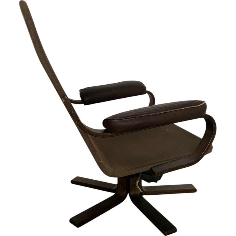 Swivel armchair, bentwood frame, brown leather seat, Scandinavian design ca 1970