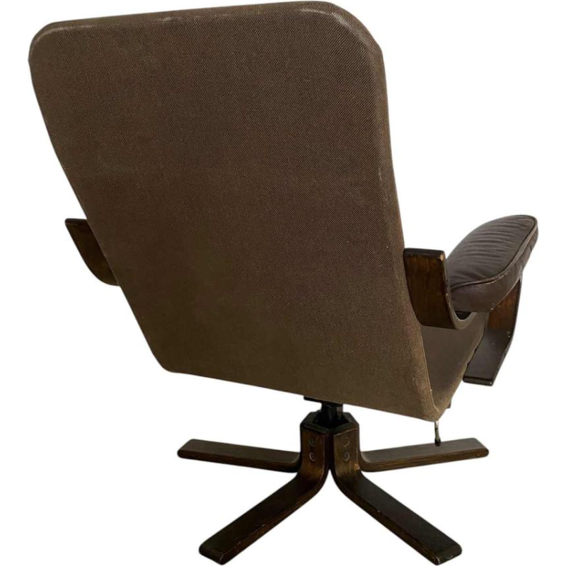 Swivel armchair, bentwood frame, brown leather seat, Scandinavian design ca 1970