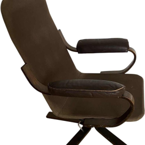 Fauteuil basculant tournant, structure bois courbé, assise cuir marron, Design scandinave ca 1970