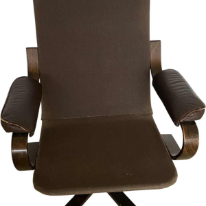 Draaibare fauteuil, gebogen houten frame, bruin leren zitting, Scandinavisch ontwerp ca 1970