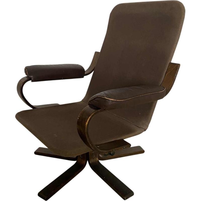 Swivel armchair, bentwood frame, brown leather seat, Scandinavian design ca 1970