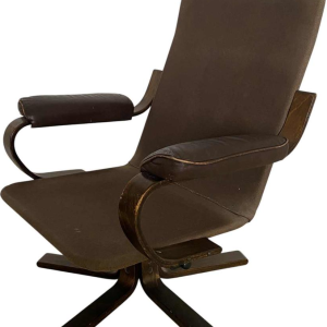 Swivel armchair, bentwood frame, brown leather seat, Scandinavian design ca 1970