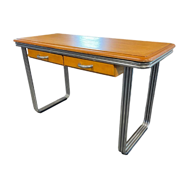 Art Deco modernistisch Bauhaus bureau / console, hout & drievoudig verchroomde stalen buizen, ca 1930/40