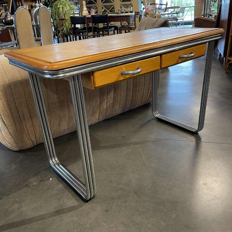 Art Deco modernistisch Bauhaus bureau / console, hout & drievoudig verchroomde stalen buizen, ca 1930/40