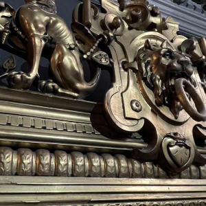 Grand & ancien miroir doré de cheminée, bois / stuc, époque Napoléon III ca 1890