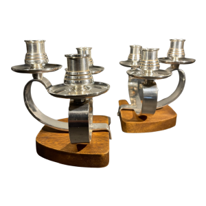 Wiskemann Zilverwerk, Paar Art Deco Kandelaars Metaal Zilver Metaal, ca 1930