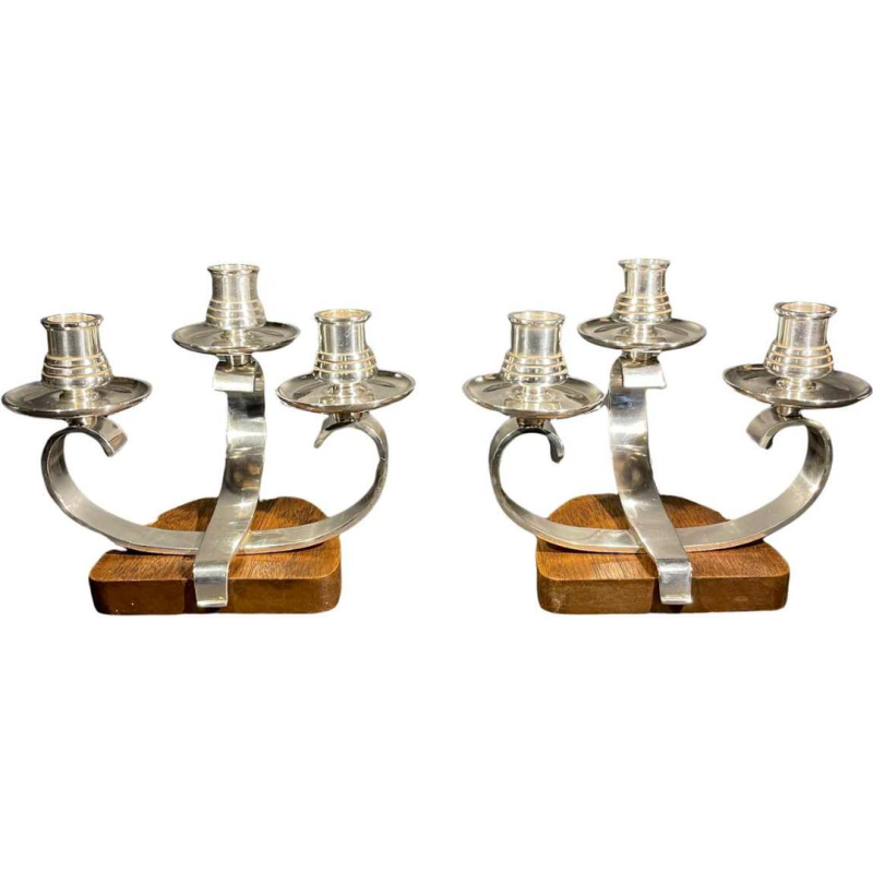 Wiskemann Zilverwerk, Paar Art Deco Kandelaars Metaal Zilver Metaal, ca 1930