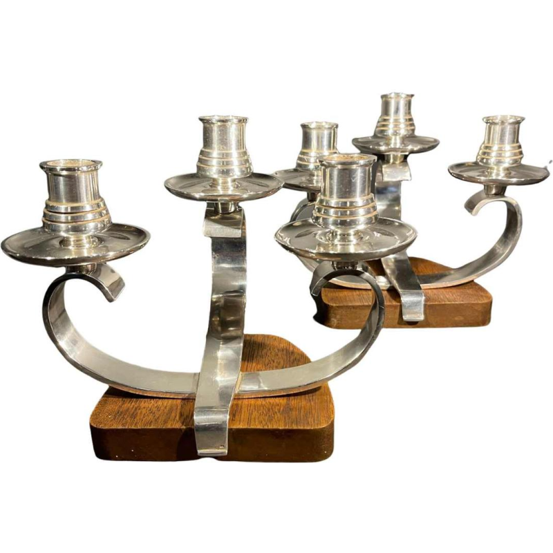 Wiskemann Zilverwerk, Paar Art Deco Kandelaars Metaal Zilver Metaal, ca 1930