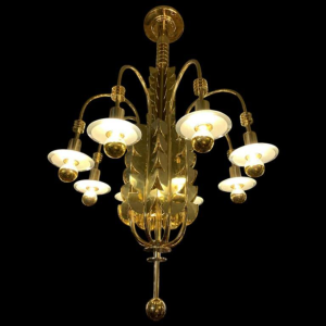 GIO PONTI for EMILIO LANCIA (Attributed), Art Deco Brass Glass Chandelier, 1930s